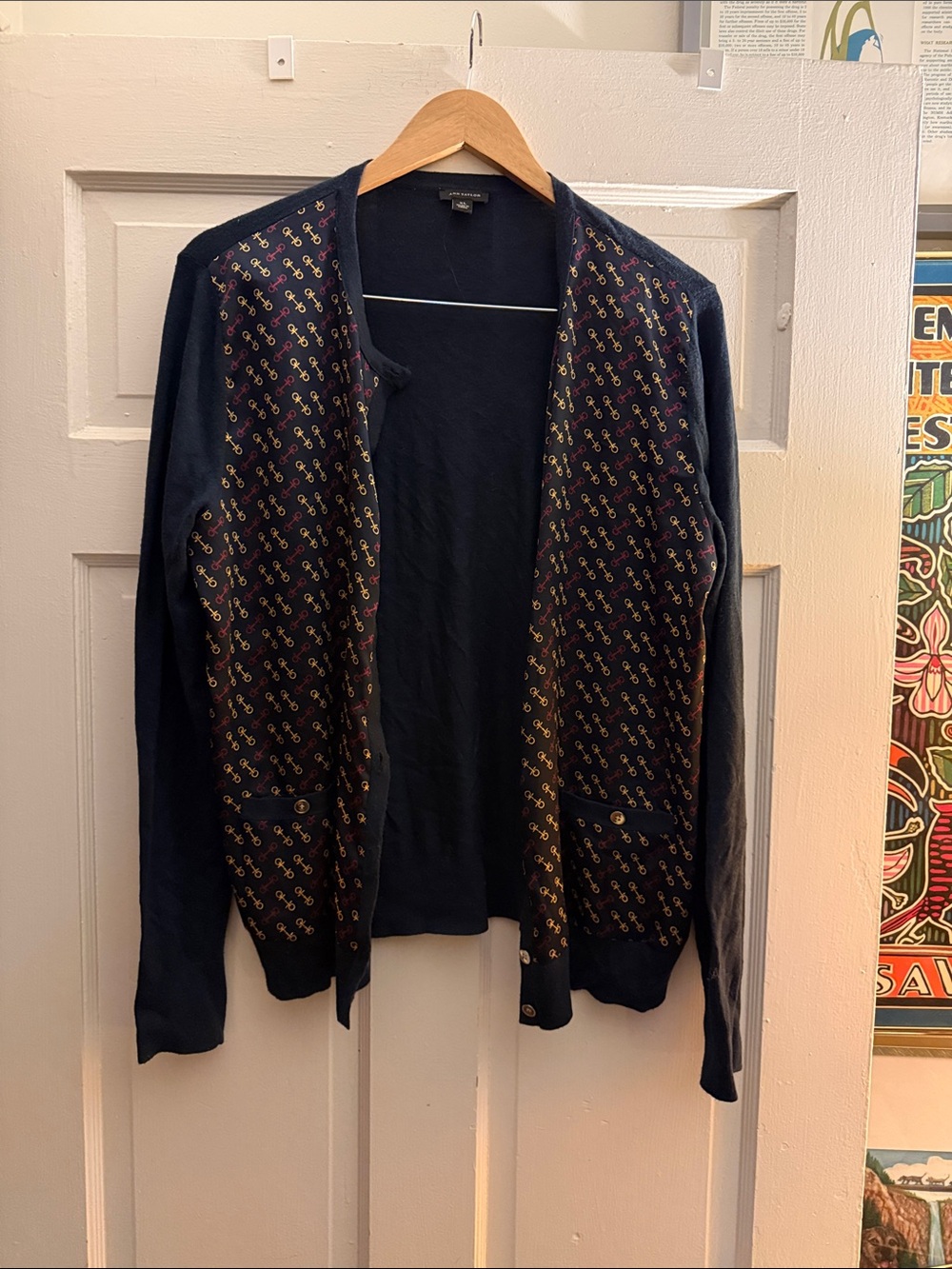 Ann Taylor Navy Cardigan with Multicolor Key/Horsebit Print